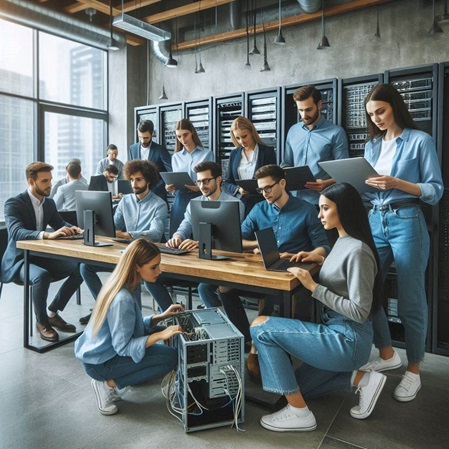 Das Bild zeigt mehrere Menschen an diverseren Computern arbeitend